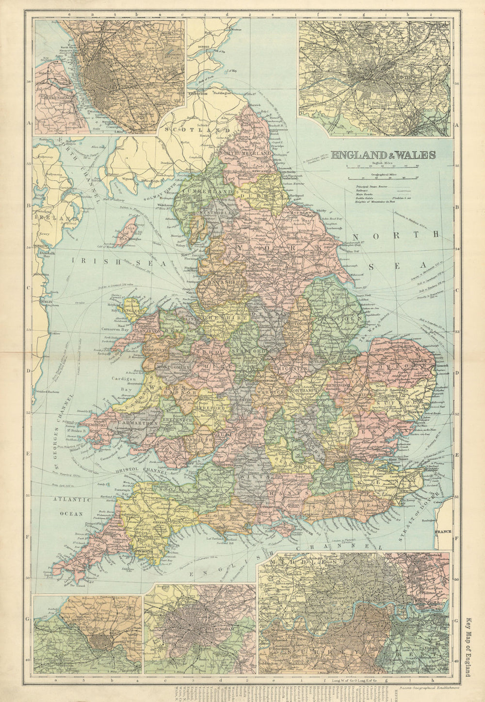 ENGLAND & WALES in counties. Antique index map by GW BACON 1898 old