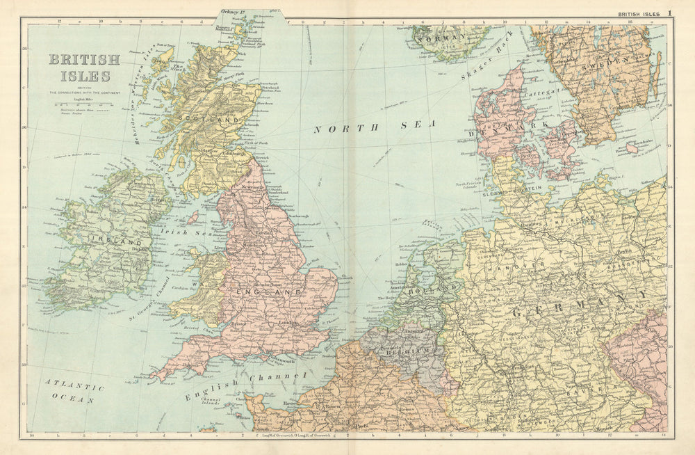 BRITISH ISLES & NORTHERN EUROPE North Sea antique map GW BACON 1898 old
