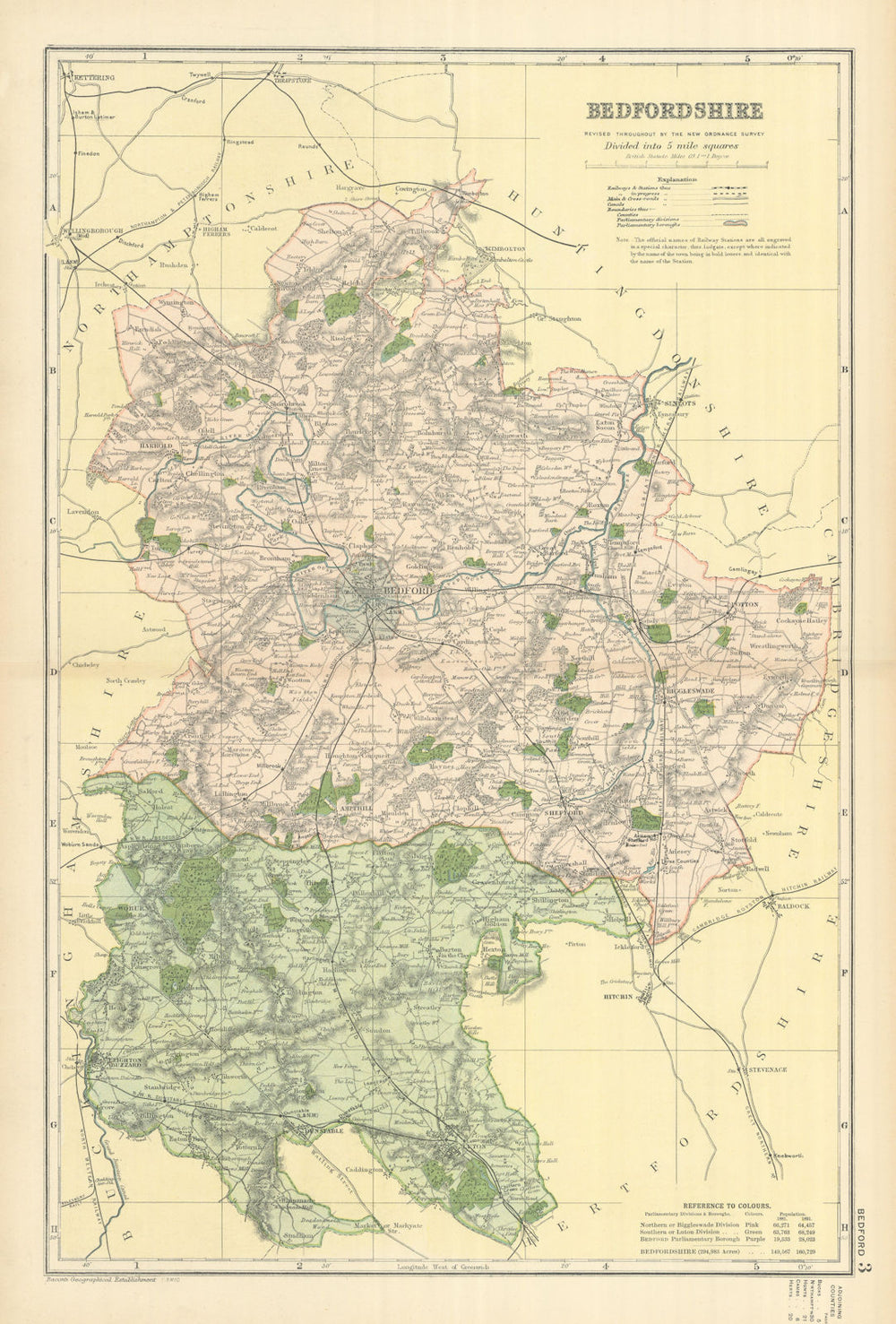 BEDFORDSHIRE antique county map by GW BACON 1898 old plan chart