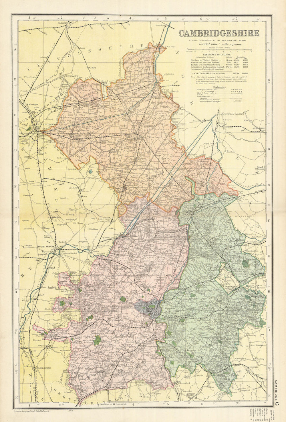 CAMBRIDGESHIRE antique county map by GW BACON 1898 old plan chart
