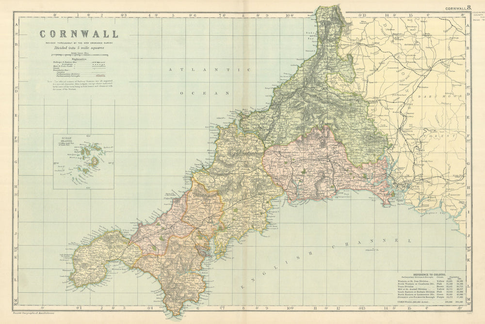 CORNWALL antique county map by GW BACON 1898 old plan chart