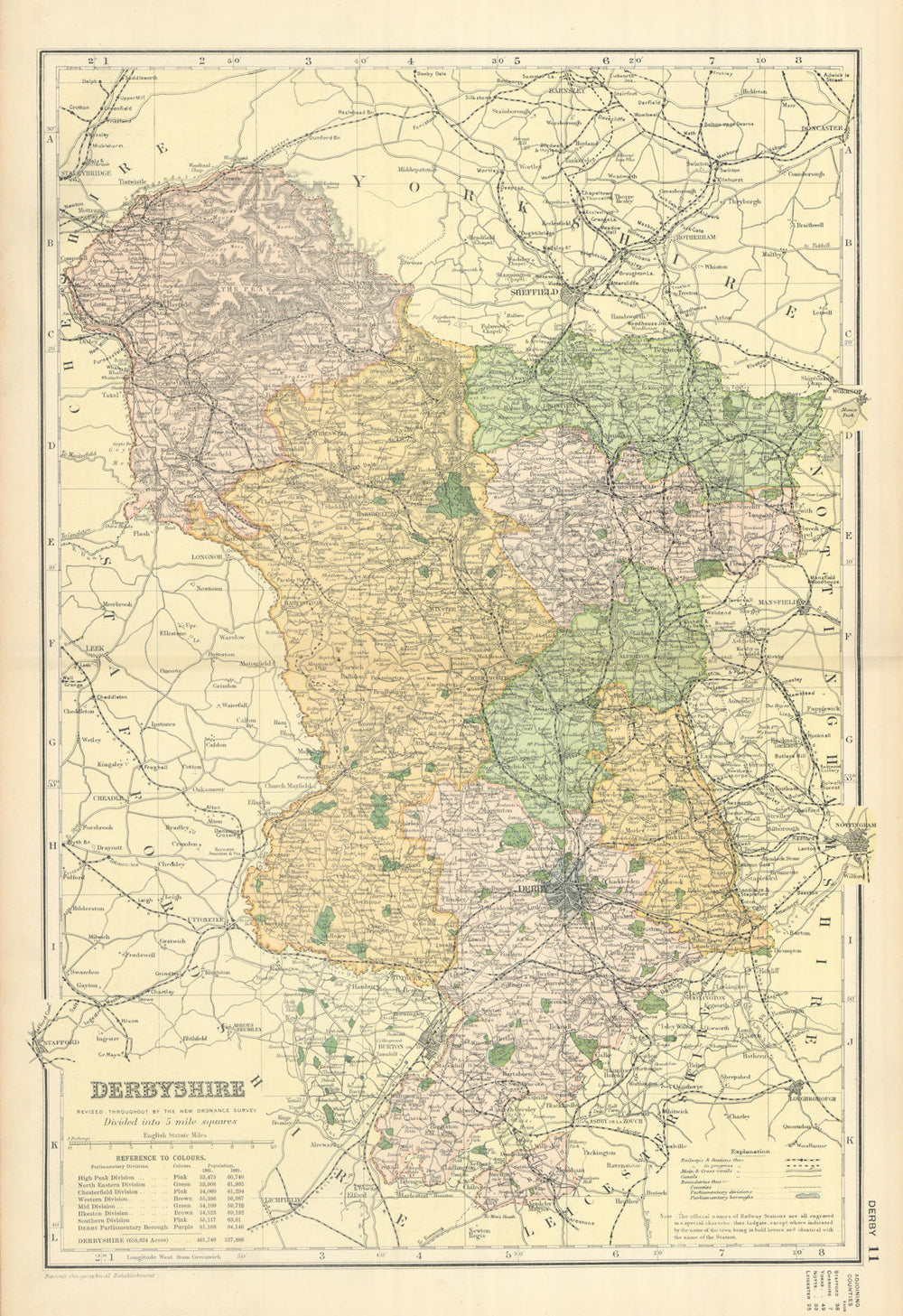 DERBYSHIRE antique county map by GW BACON 1898 old plan chart