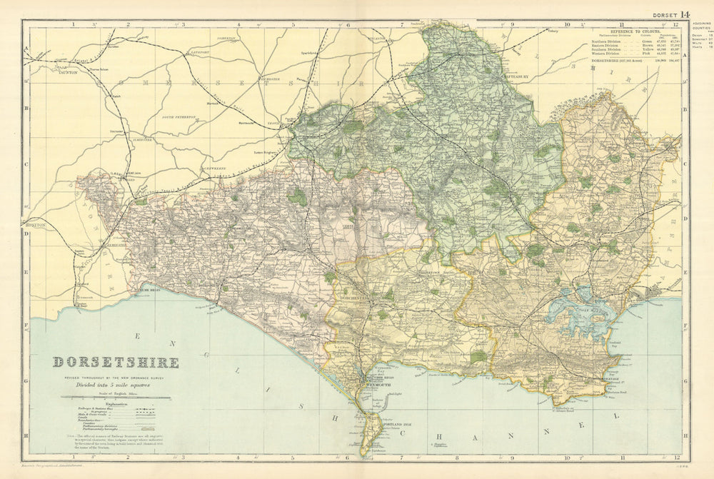DORSETSHIRE antique county map by GW BACON 1898 old plan chart