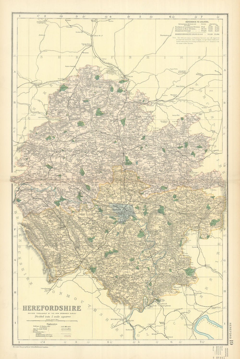 HEREFORDSHIRE antique county map by GW BACON 1898 old plan chart