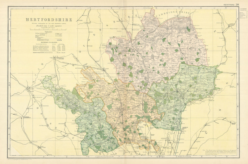 HERTFORDSHIRE antique county map by GW BACON 1898 old plan chart