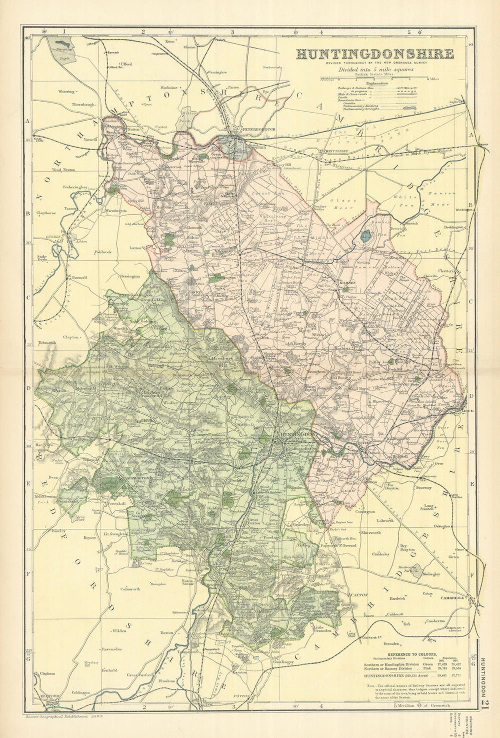 HUNTINGDONSHIRE antique county map by GW BACON 1898 old plan chart