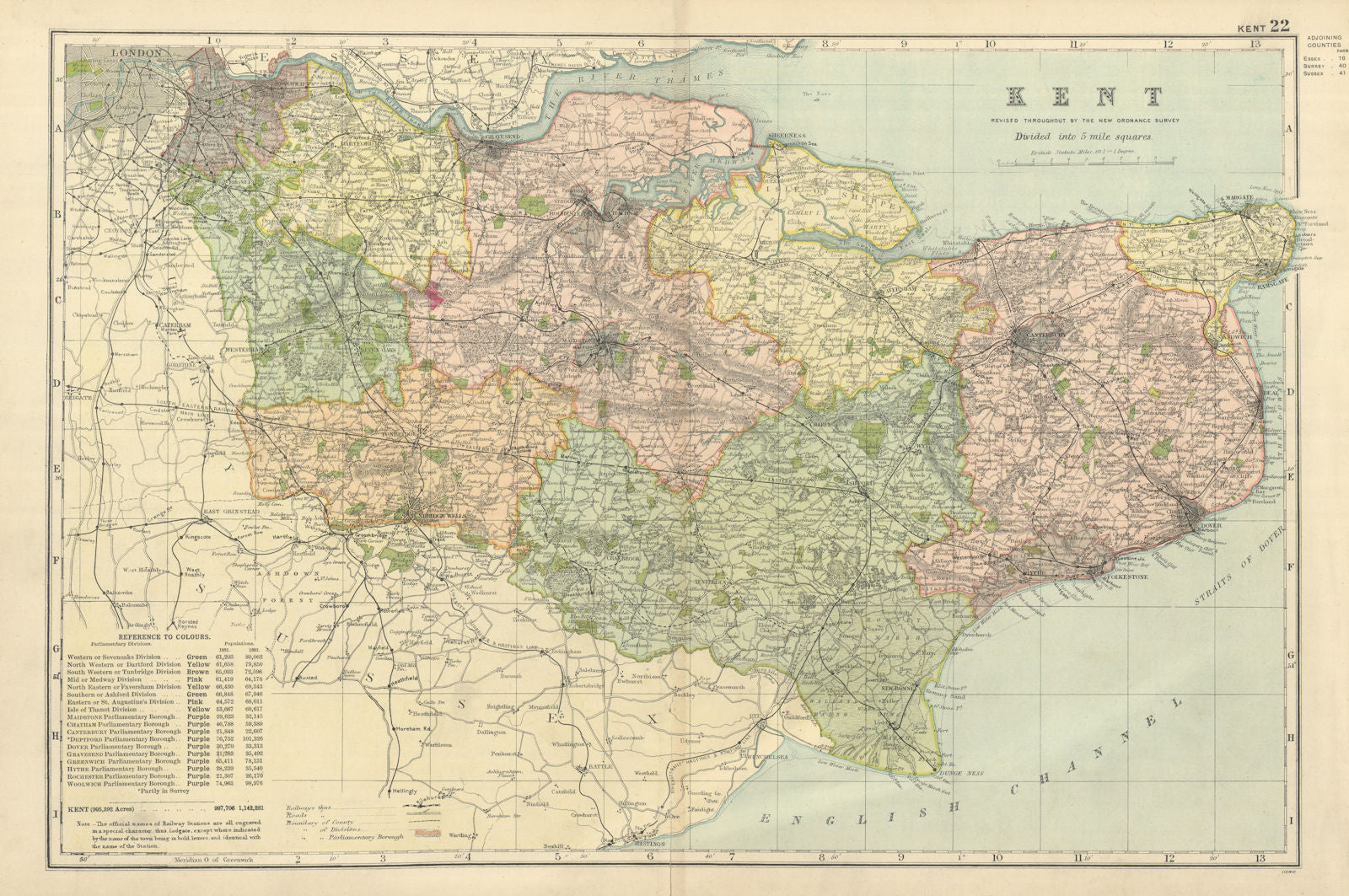 KENT antique county map by GW BACON 1898 old vintage plan chart ...