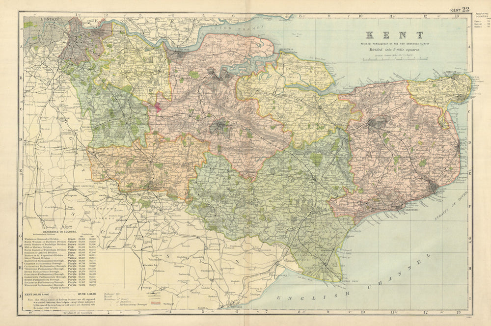 KENT antique county map by GW BACON 1898 old vintage plan chart