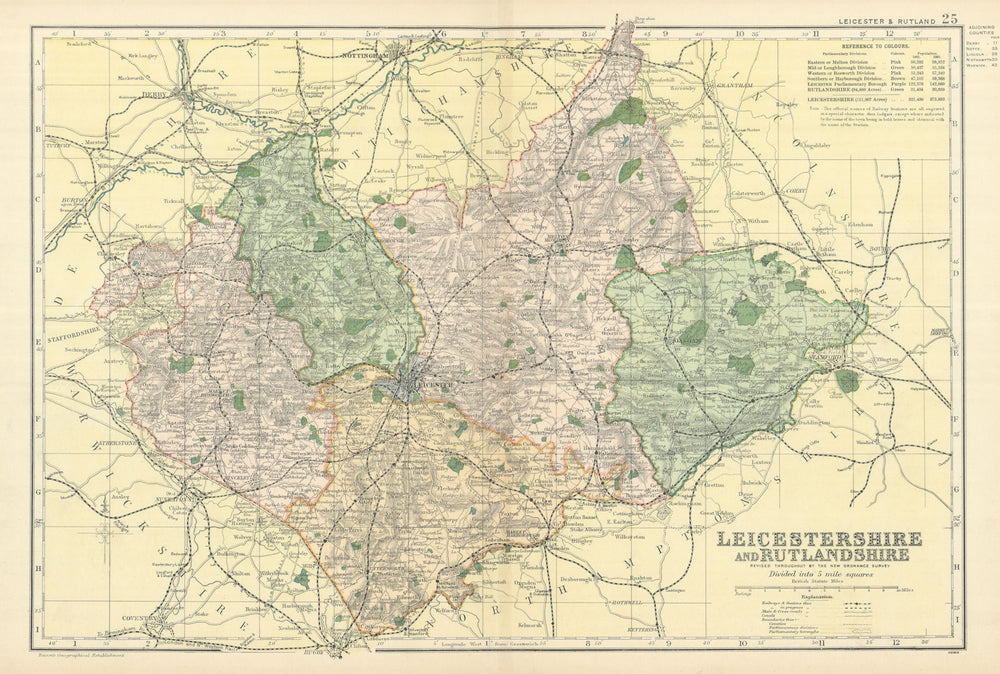 LEICESTERSHIRE & RUTLANDSHIRE antique county map by GW BACON 1898 old