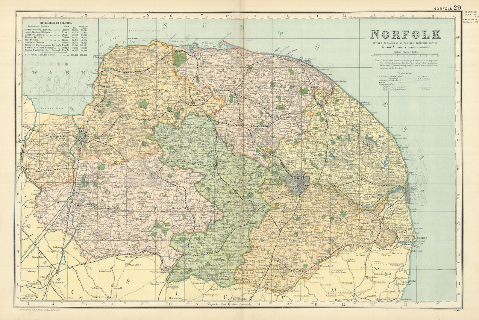 NORFOLK antique county map by GW BACON 1898 old vintage plan chart ...