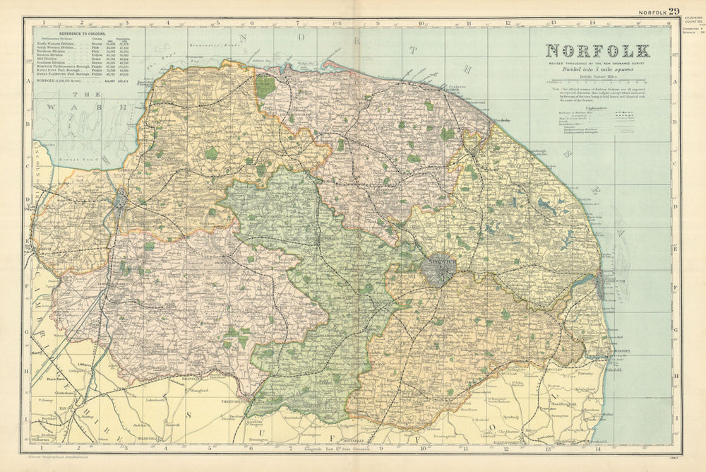 NORFOLK antique county map by GW BACON 1898 old vintage plan chart
