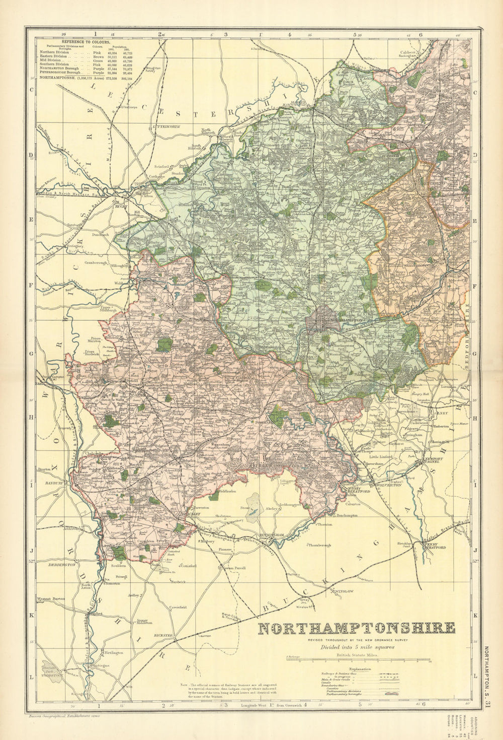 NORTHAMPTONSHIRE (South) antique county map by GW BACON 1898 old