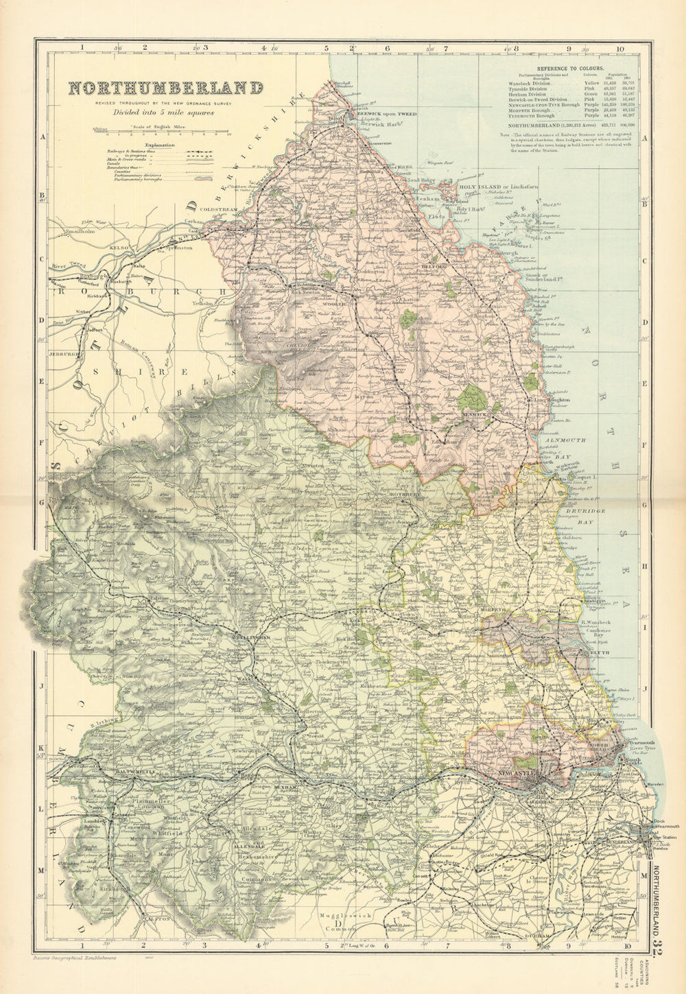 NORTHUMBERLAND antique county map by GW BACON 1898 old plan chart