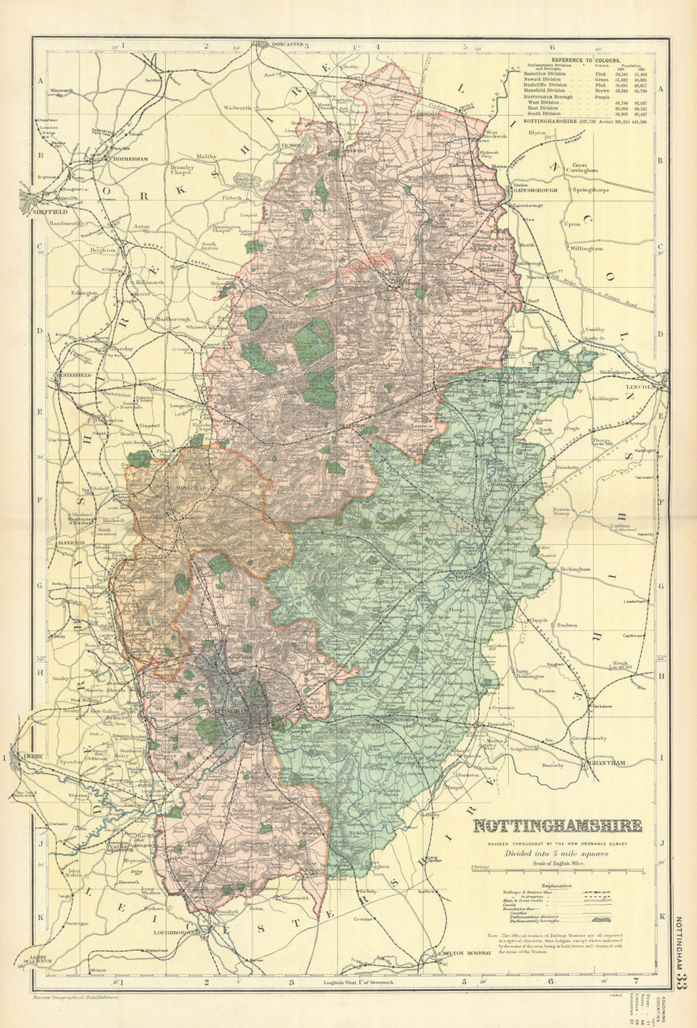 NOTTINGHAMSHIRE antique county map by GW BACON 1898 old plan chart