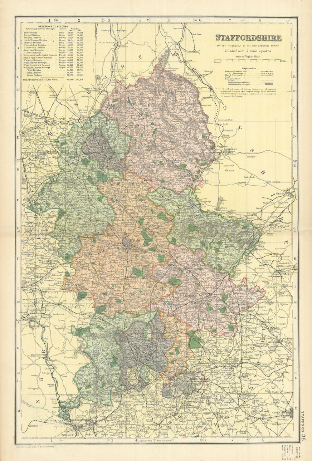 STAFFORDSHIRE antique county map by GW BACON 1898 old plan chart