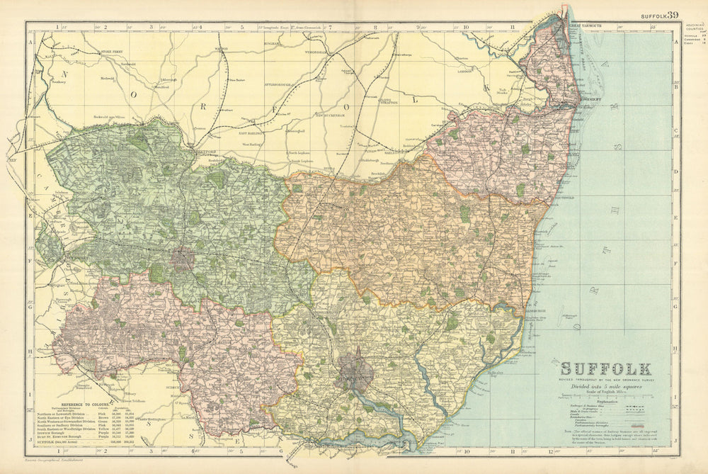 SUFFOLK antique county map by GW BACON 1898 old vintage plan chart