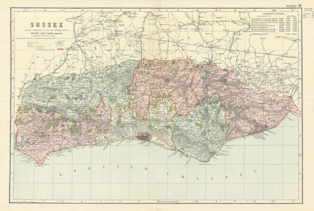 SUSSEX antique county map by GW BACON 1898 old vintage plan chart