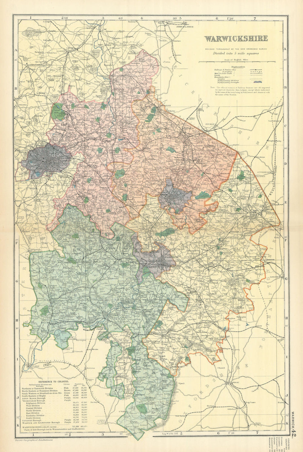 WARWICKSHIRE antique county map by GW BACON 1898 old plan chart