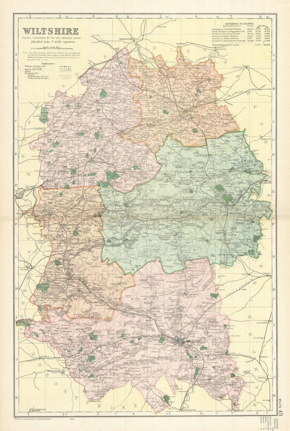 WILTSHIRE antique county map by GW BACON 1898 old plan chart
