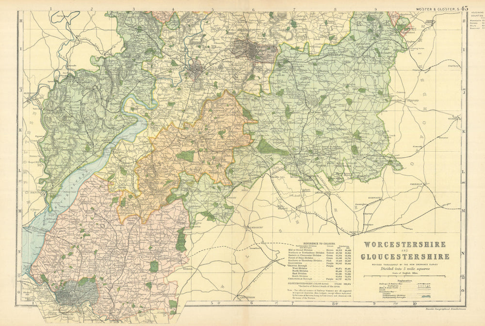 WORCESTERSHIRE & GLOUCESTERSHIRE (South) antique county map by GW BACON 1898