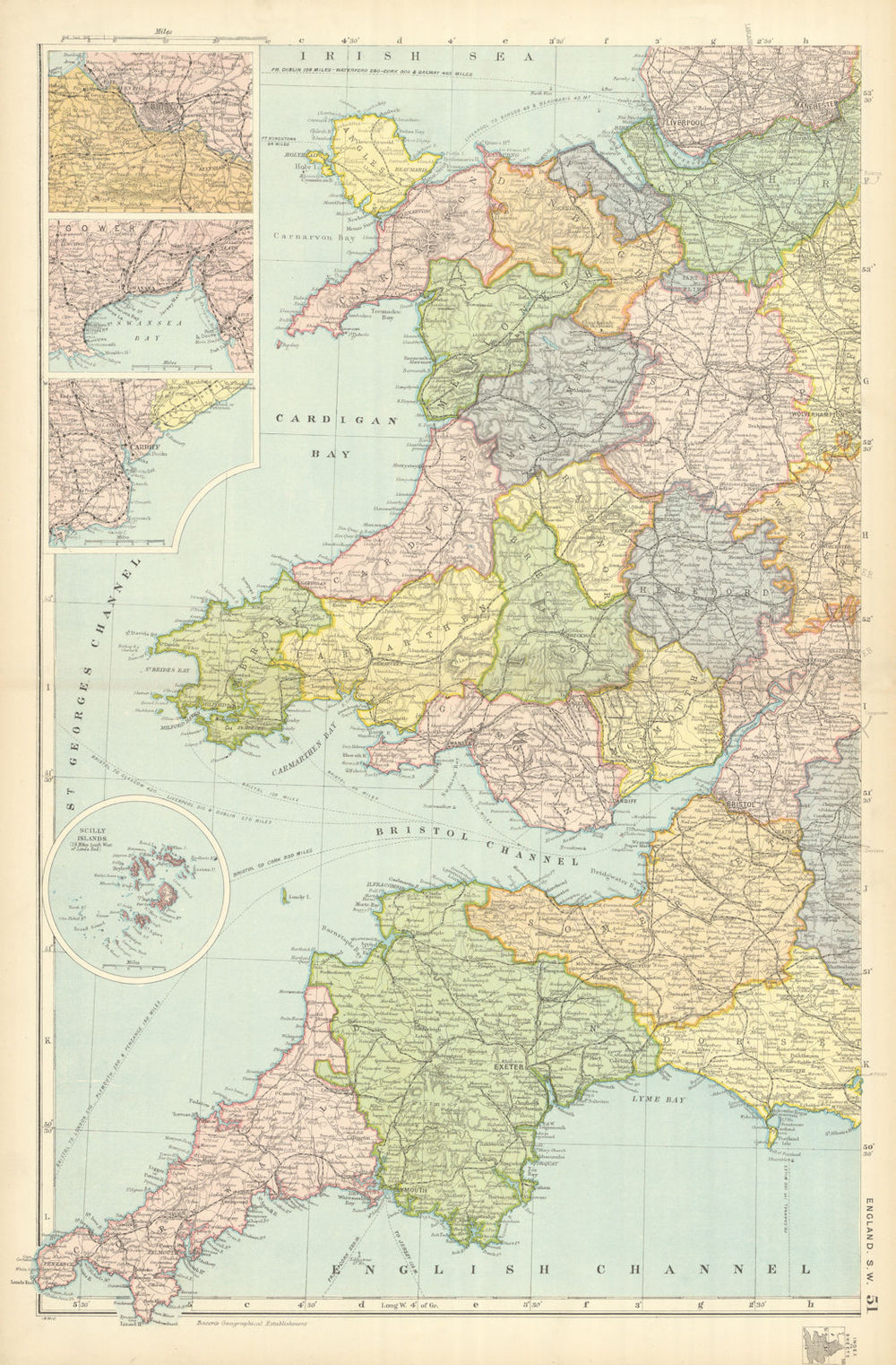 ENGLAND SOUTH WEST/WALES. Bristol Swansea Cardiff. Railways. BACON 1898 map