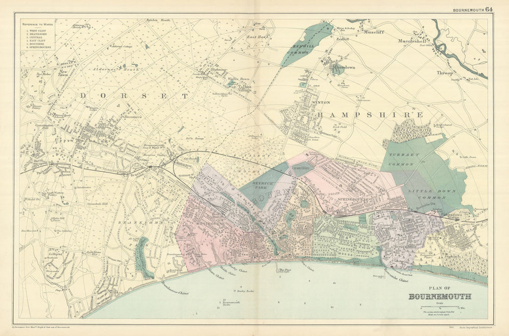 BOURNEMOUTH town city plan. Westbourne Springbourne Boscombe BACON 1898 map