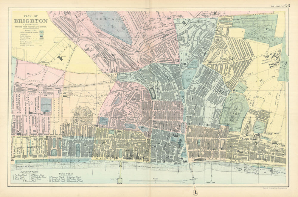 BRIGHTON & HOVE antique town city plan by GW BACON Sussex 1898 old map