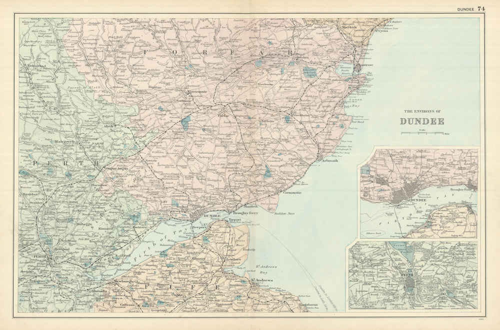 DUNDEE & ENVIRONS St Andrews Cupar Firth of Tay antique map by GW BACON 1898