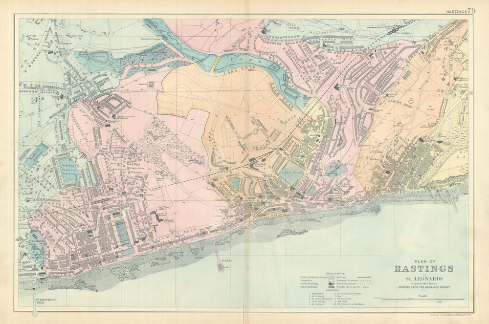 HASTINGS & St Leonards town city plan by GW BACON 1898 old antique map chart