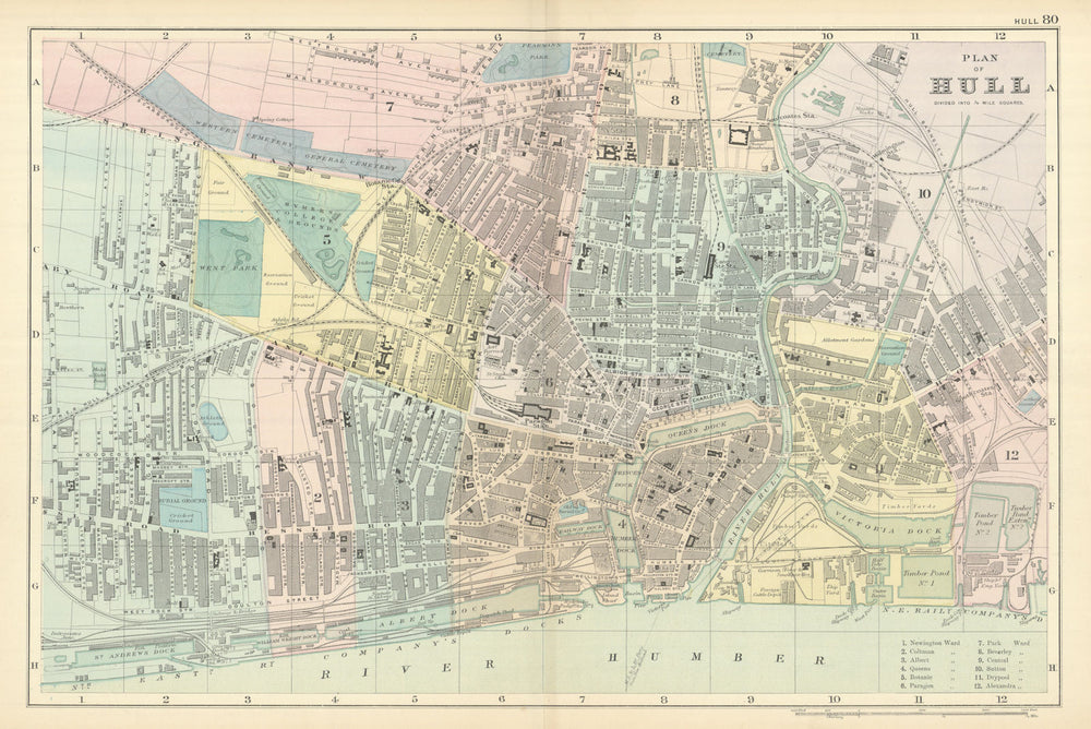 HULL Kingston Upon Hull antique town city plan by GW BACON Yorkshire 1898 map