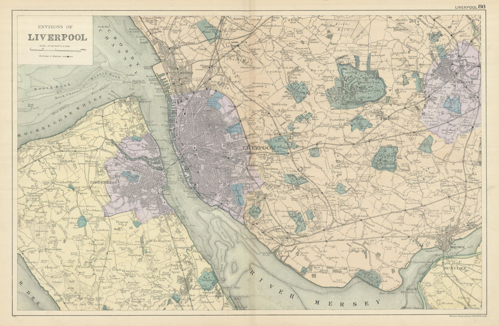MERSEYSIDE Liverpool Birkenhead Wirral St Helens Knowsley antique map BACON 1898