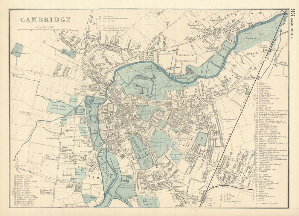 CAMBRIDGE antique town city plan by GW BACON University Colleges 1898 old map