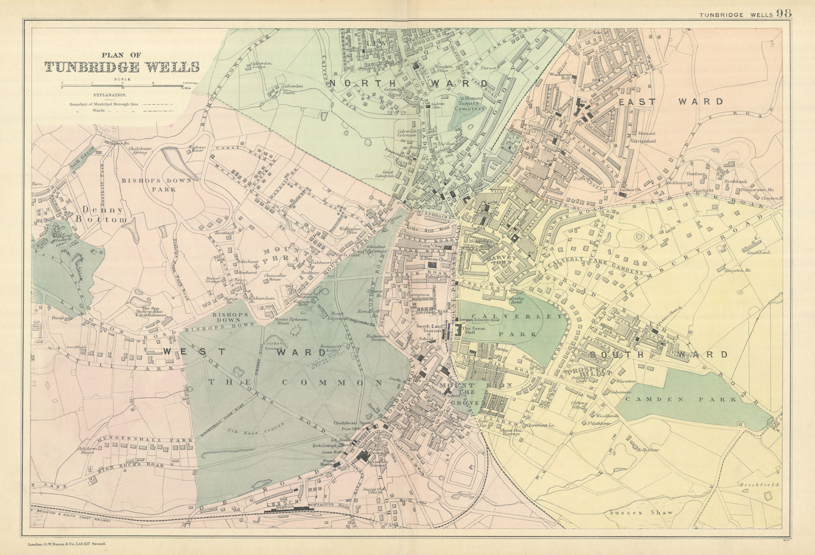 TUNBRIDGE WELLS & Rusthall antique town city plan GW BACON 1898 old map ...