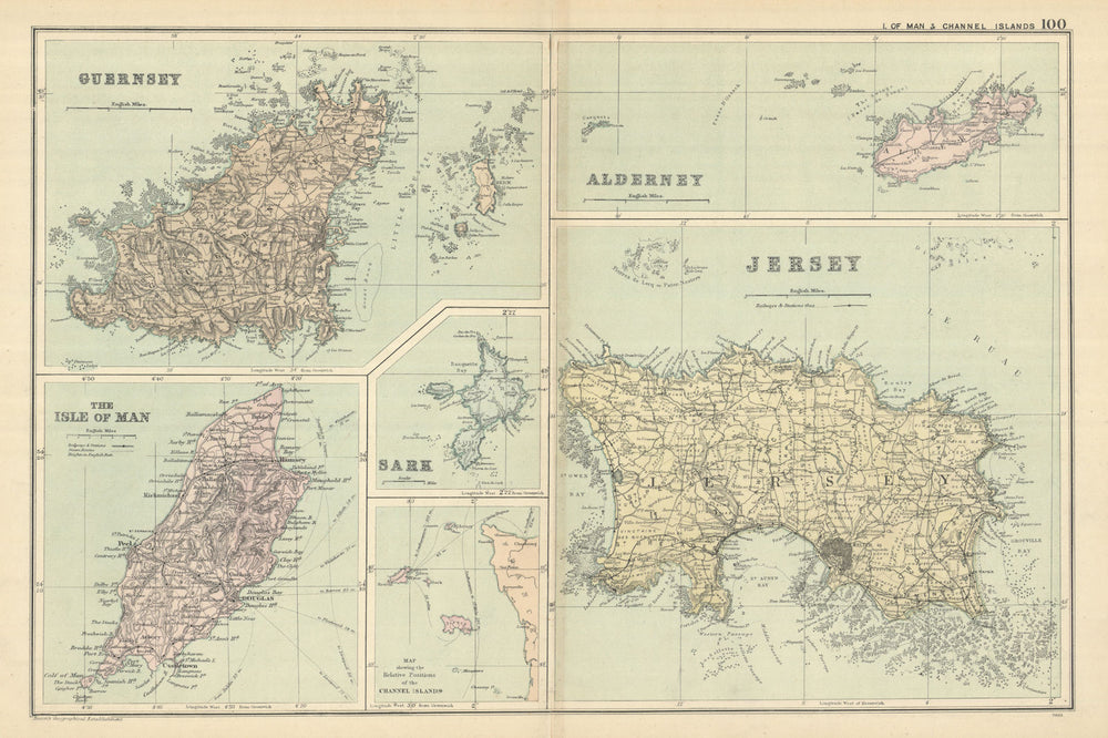 CHANNEL ISLANDS & ISLE OF MAN Alderney Guernsey Jersey Sark by GW BACON 1898 map