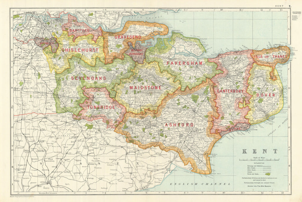KENT. Showing Parliamentary divisions, boroughs & parks. BACON 1919 old map