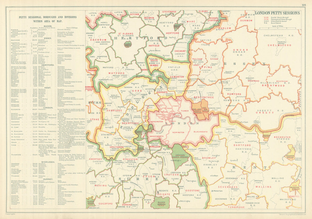LONDON PETTY SESSIONS/sessional boroughs/divisions. Law. Courts. BACON 1919 map