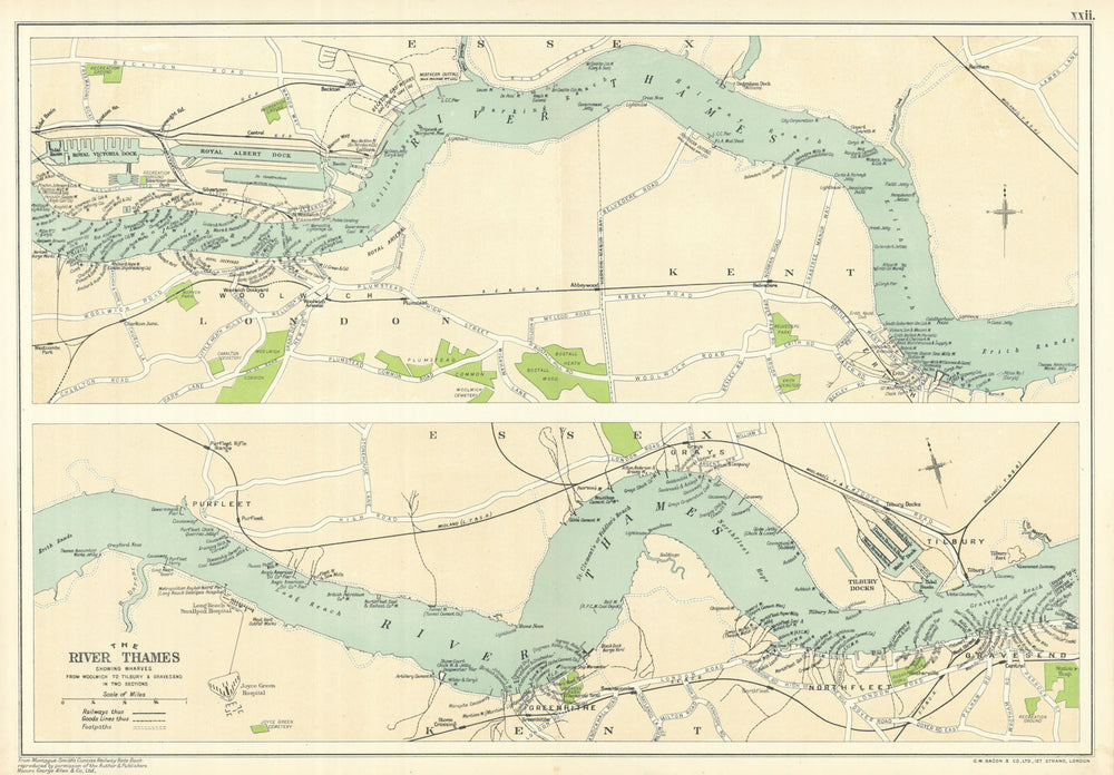 PORT OF LONDON. Wharves/docks. Thames Woolwich-Tilbury/Gravesend. BACON 1919 map