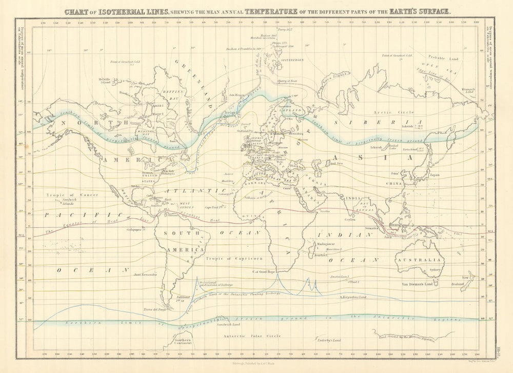 World chart of isothermal lines. Mean annual temperature. GEORGE AIKMAN 1854 map
