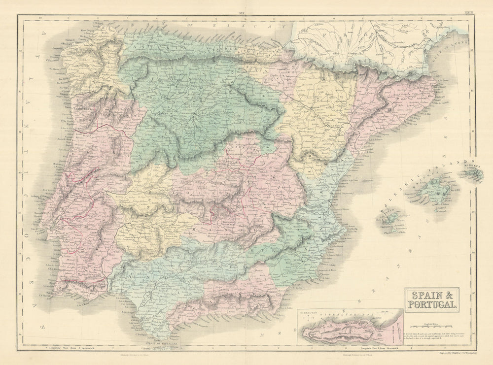 Spain & Portugal. Inset Gibraltar. Iberia. SIDNEY HALL 1854 old antique map