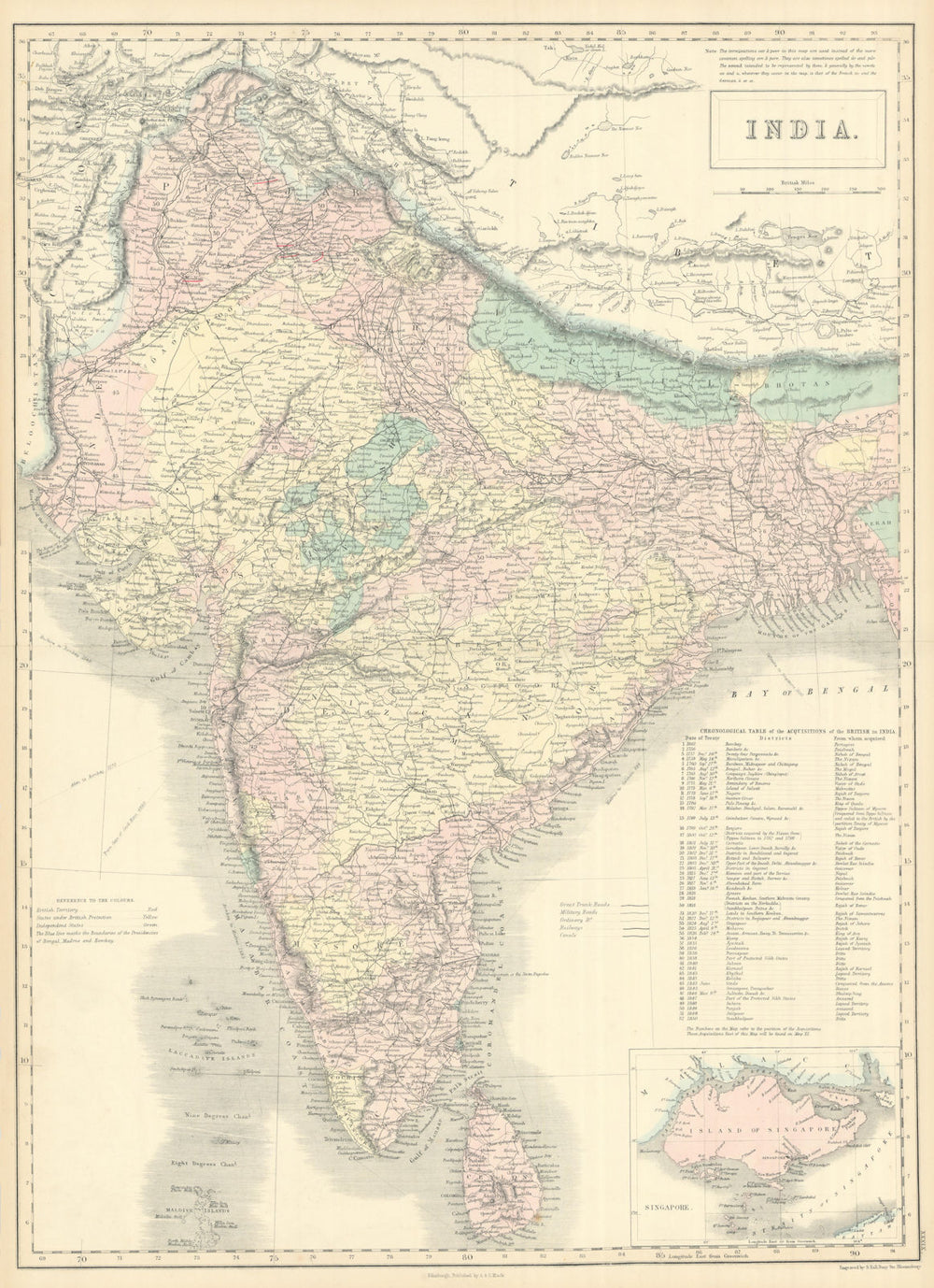 British India. Inset Singapore plan. SIDNEY HALL 1854 old antique map chart