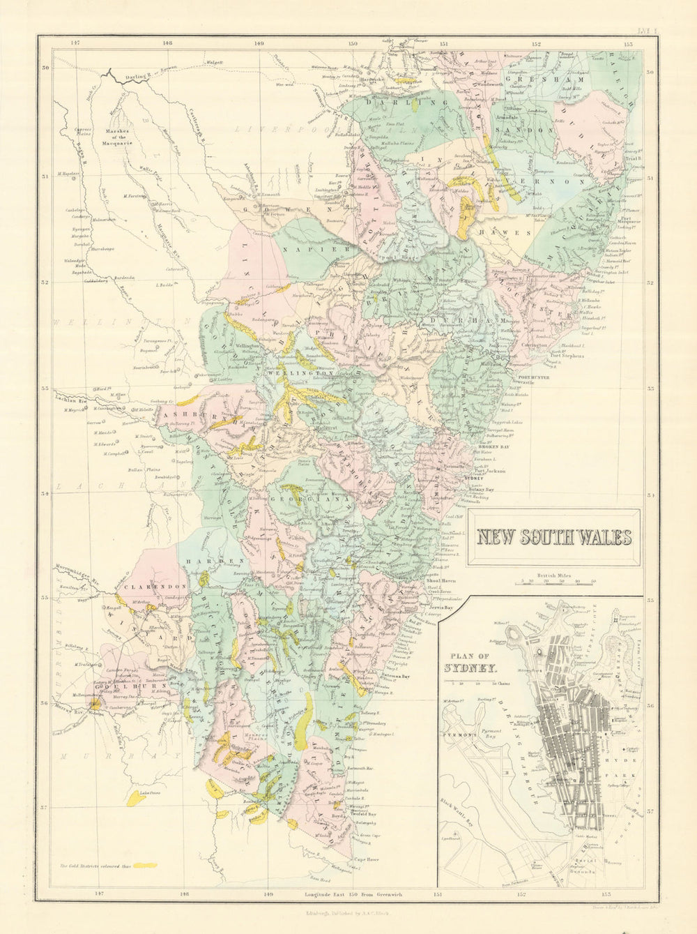 New South Wales showing gold rush districts. Inset Sydney city plan 1854 map