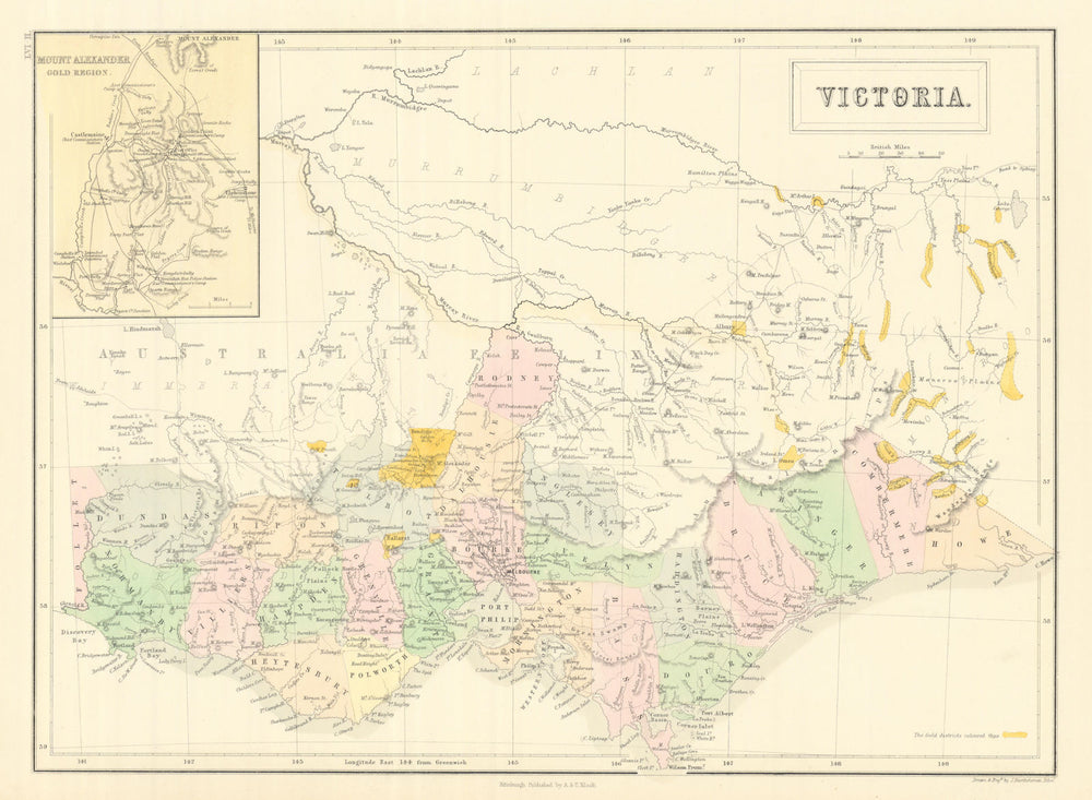 Victoria, Australia. Gold rush districts & Mount Alexander gold region 1854 map