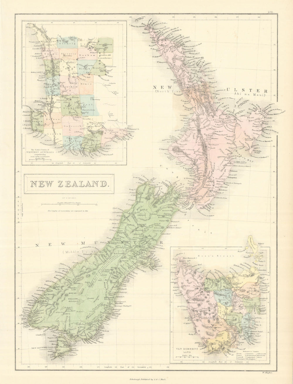New Zealand "New Ulster" & "New Munster" (North & South I). HUGHES 1854 map