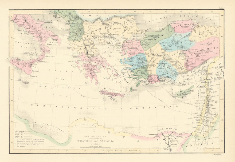 Countries embraced within the travels of St Paul. Mediterranean. HUGHES 1854 map