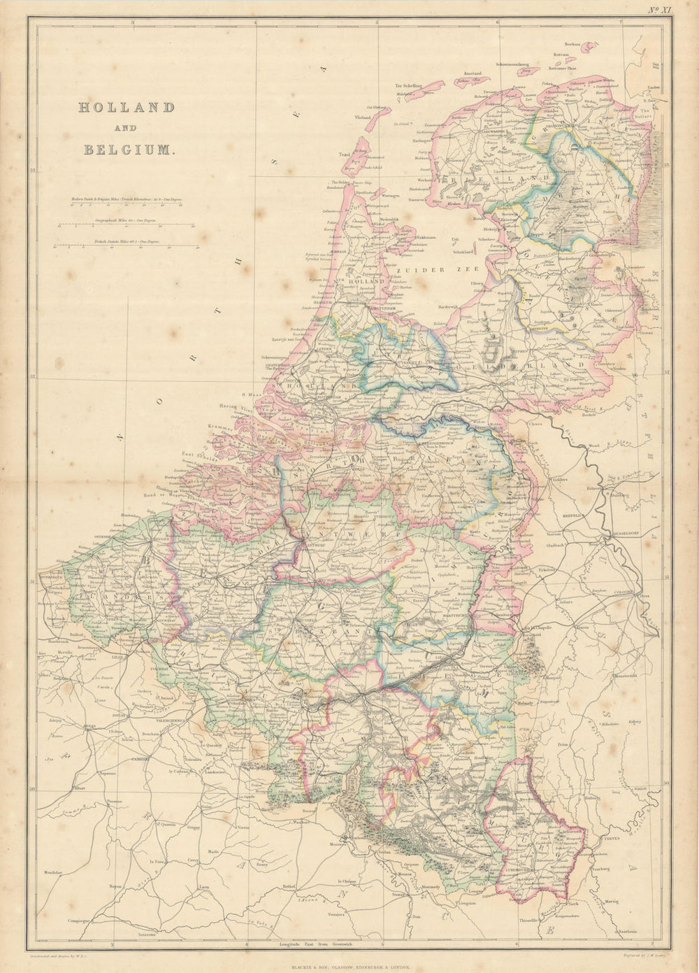 Holland and Belgium by Joseph Wilson Lowry. Netherlands 1860 old antique map