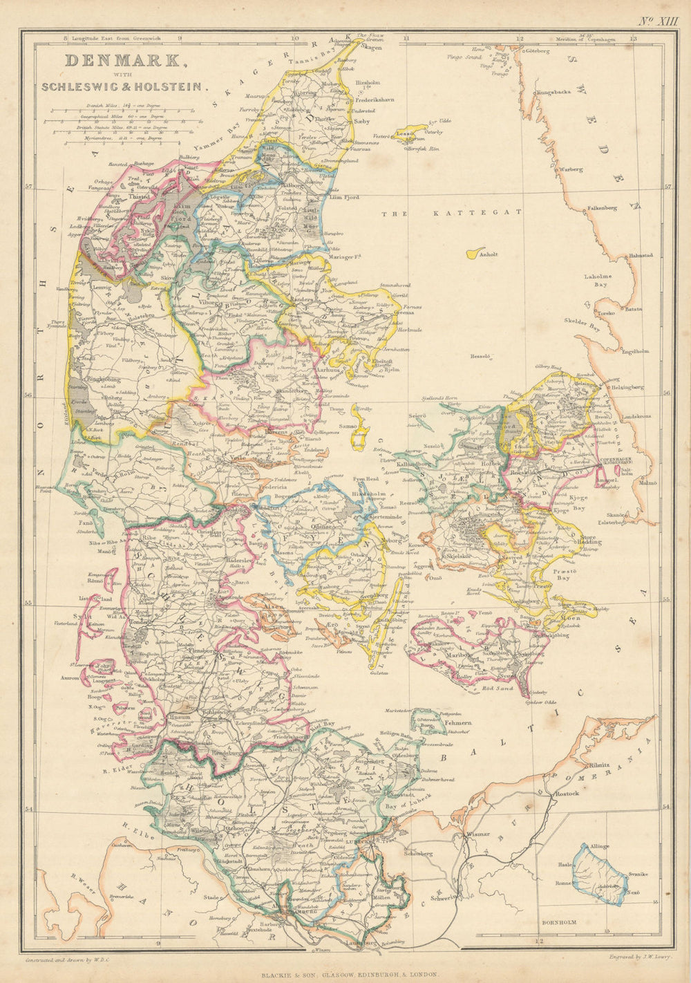 Denmark, with Schleswig & Holstein by Joseph Wilson Lowry 1860 old antique map