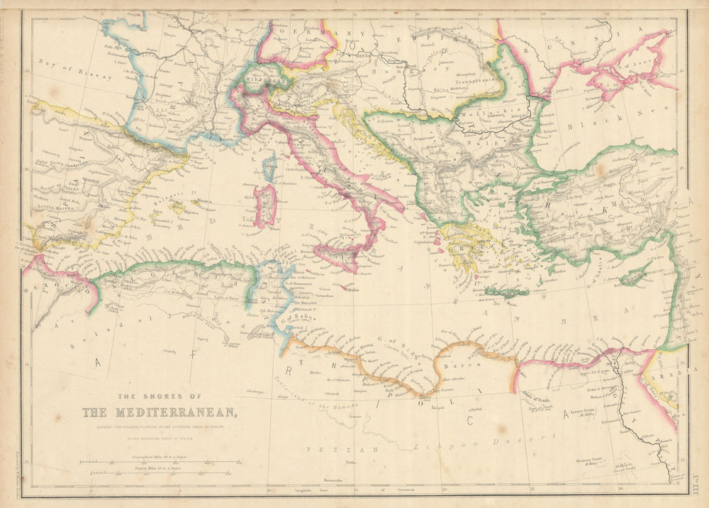 The Shores of the Mediterranean Sea. HUGHES 1860 old antique map plan chart