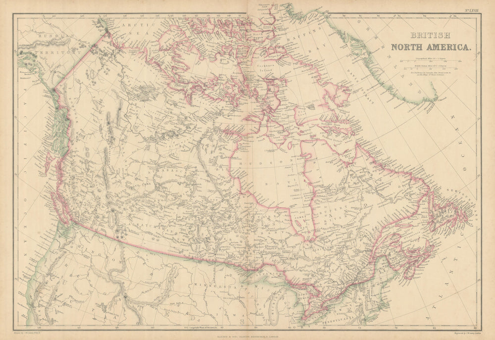 British North America by Joseph Wilson Lowry. Canada 1860 old antique map