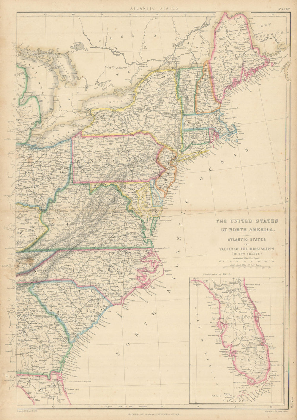 The United States of North America. USA Atlantic States. LOWRY 1860 old map