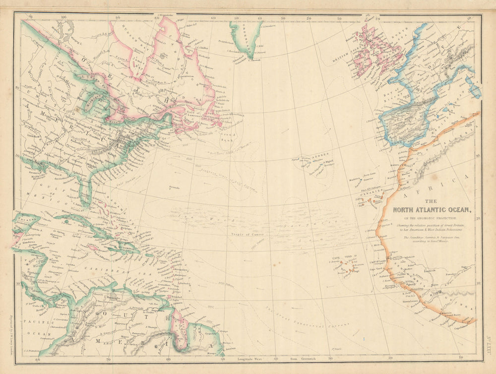 North Atlantic Ocean showing Gulf Stream, currents & Sargasso Sea LOWRY 1860 map